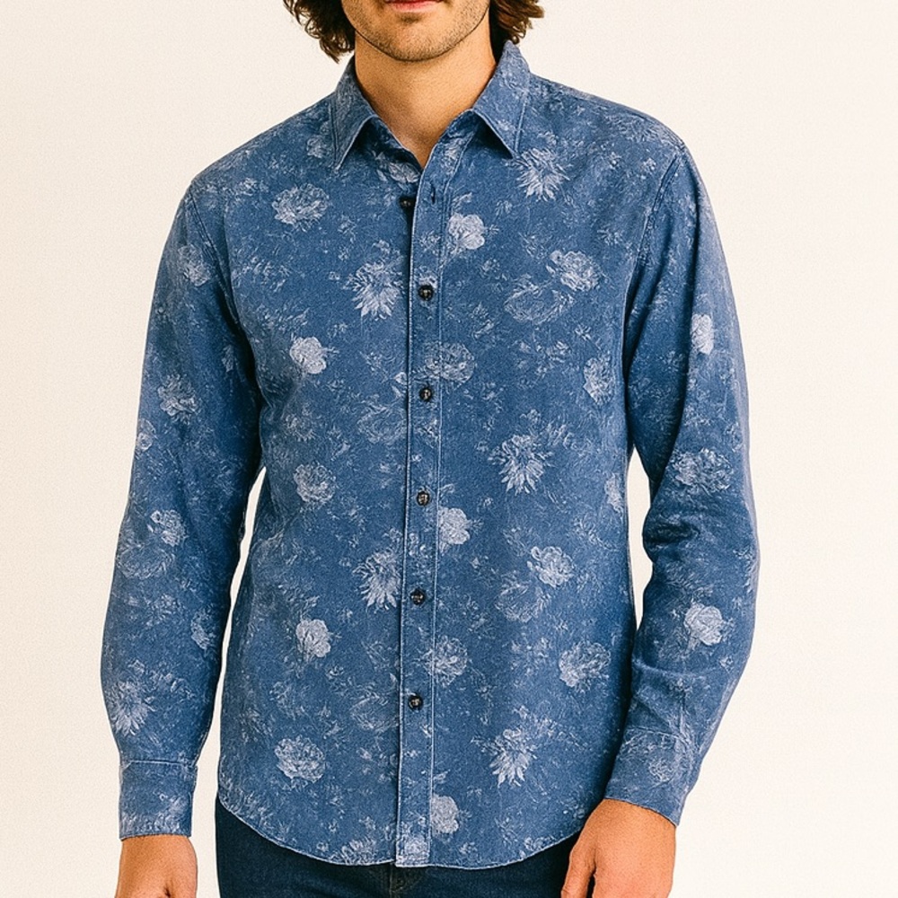 Saks Fifth Avenue Floral Denim Button Down Shirt, Size Large